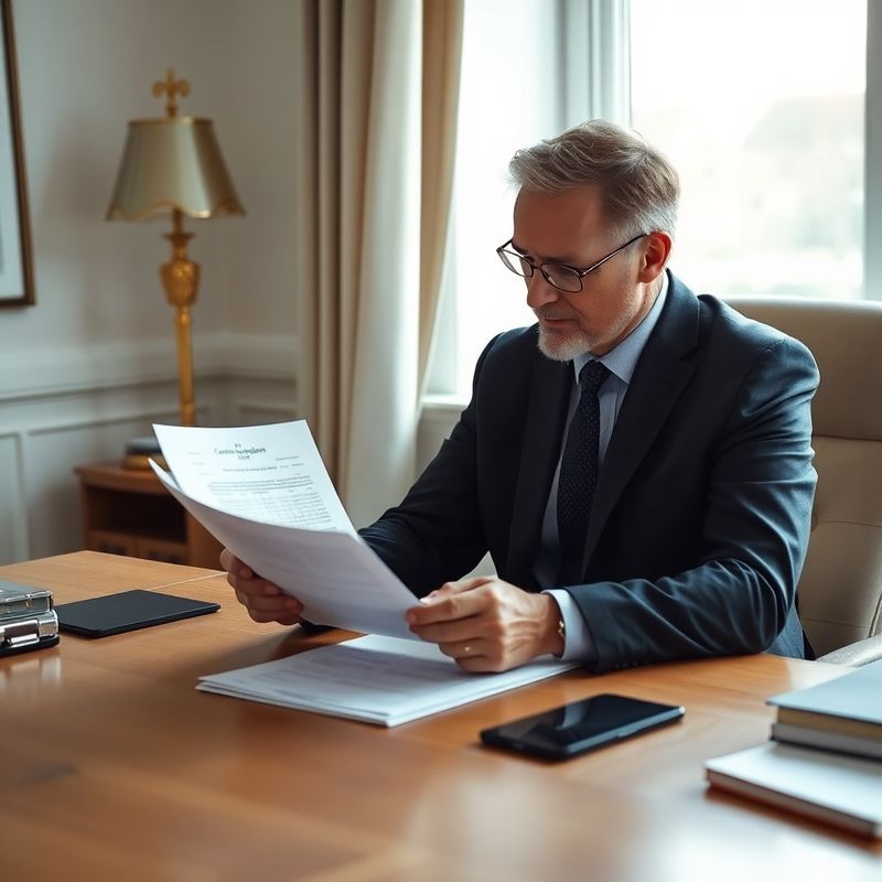 Finanční poradce prohlížející dokumenty důchodového plánu na dřevěném stole v měkkém přirozeném světle